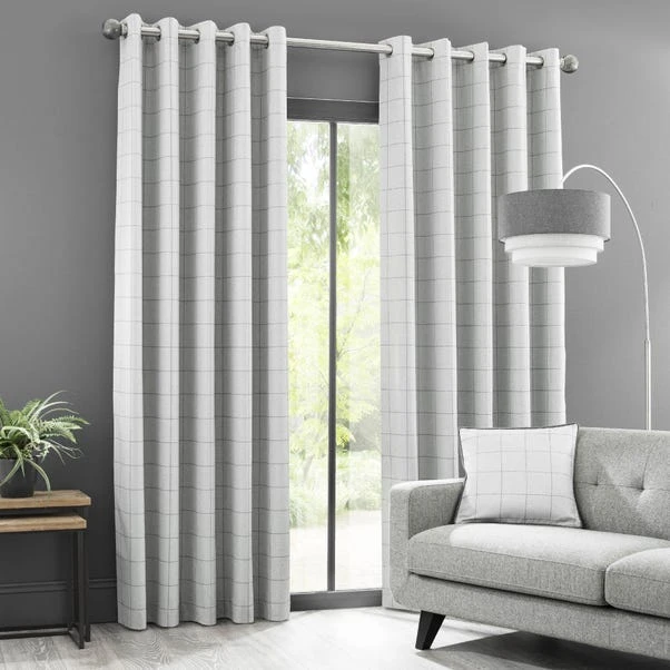 Dunelm Luna Brushed Check Dove Grey Blackout Eyelet Curtains - Image 2