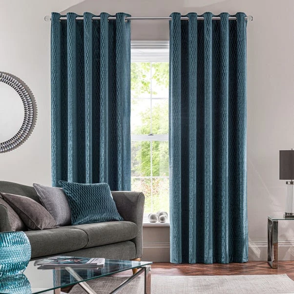 Dunelm Valencia Velvet Geometric Teal Eyelet Curtains - Image 2