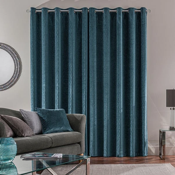 Dunelm Valencia Velvet Geometric Teal Eyelet Curtains - Image 4