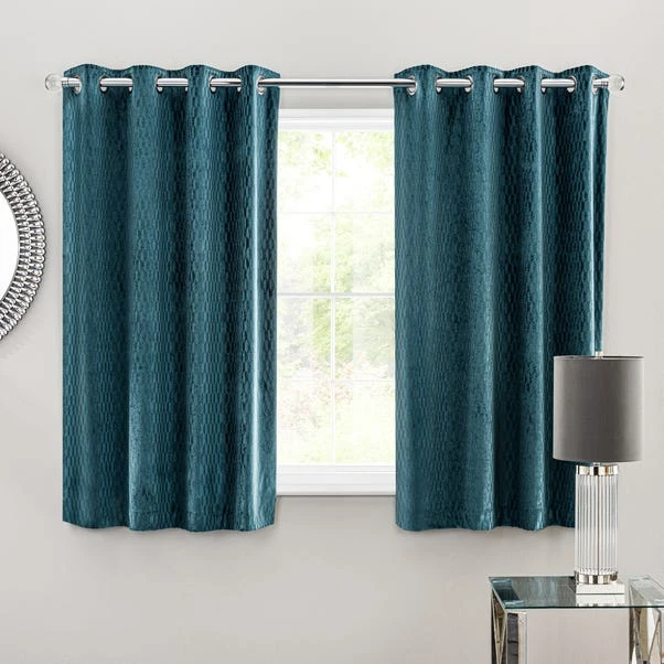 Dunelm Valencia Velvet Geometric Teal Eyelet Curtains - Image 5