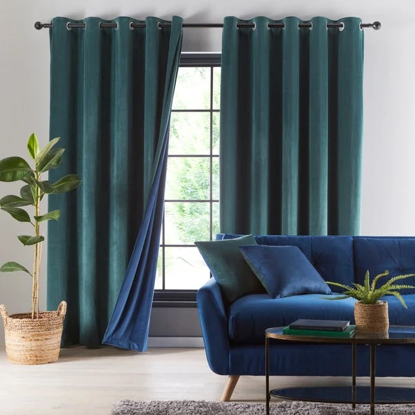 Dunelm Reversible Peacock Green And Navy Velour Eyelet Curtains - Image 2