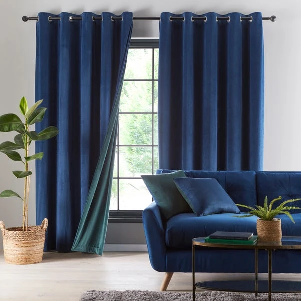 Dunelm Reversible Peacock Green And Navy Velour Eyelet Curtains - Image 4