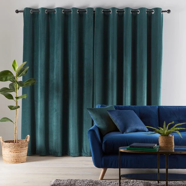 Dunelm Reversible Peacock Green And Navy Velour Eyelet Curtains - Image 5