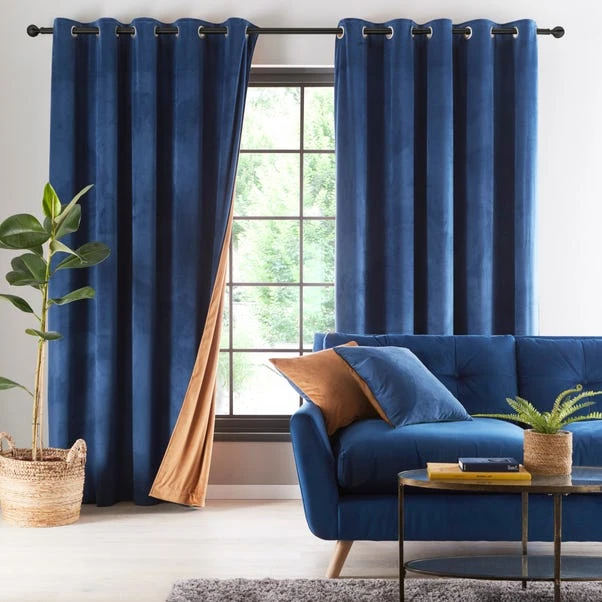 Dunelm Reversible Navy And Butterscotch Velour Eyelet Curtains - Image 2