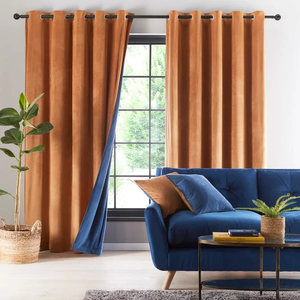 Dunelm Reversible Navy And Butterscotch Velour Eyelet Curtains - Image 4