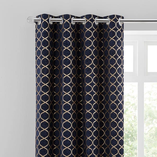 Luxury Collection Chenille Ogee Navy Eyelet Curtains