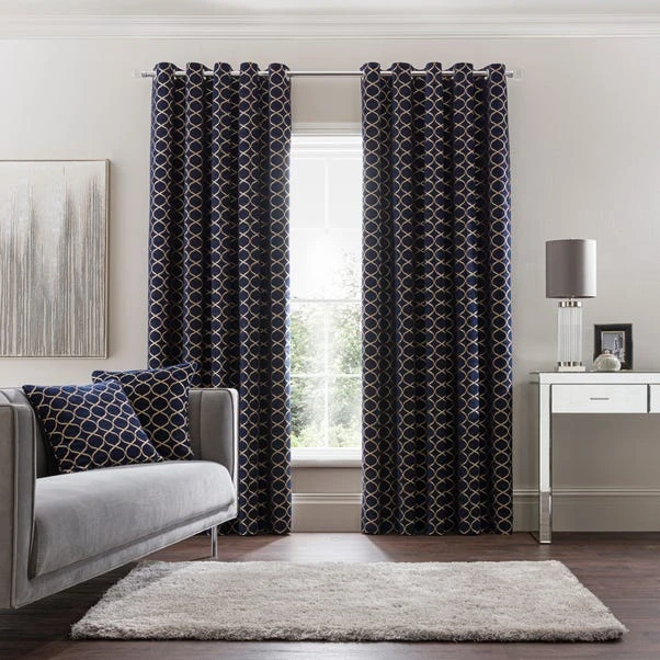 Luxury Collection Chenille Ogee Navy Eyelet Curtains - Image 2