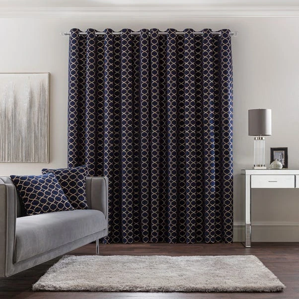 Luxury Collection Chenille Ogee Navy Eyelet Curtains - Image 4