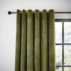 Dunelm Recycled Velour Olive Eyelet Curtains