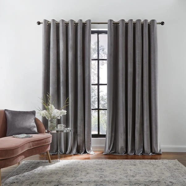 Dunelm Recycled Velour Grey Eyelet Curtains - Image 2