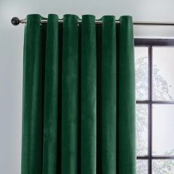 Dunelm Recycled Velour Bottle Green Eyelet Curtains