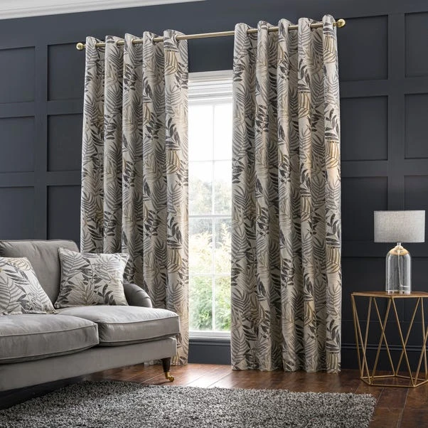 Dunelm Leaf Jacquard Grey Blackout Eyelet Curtains - Image 2