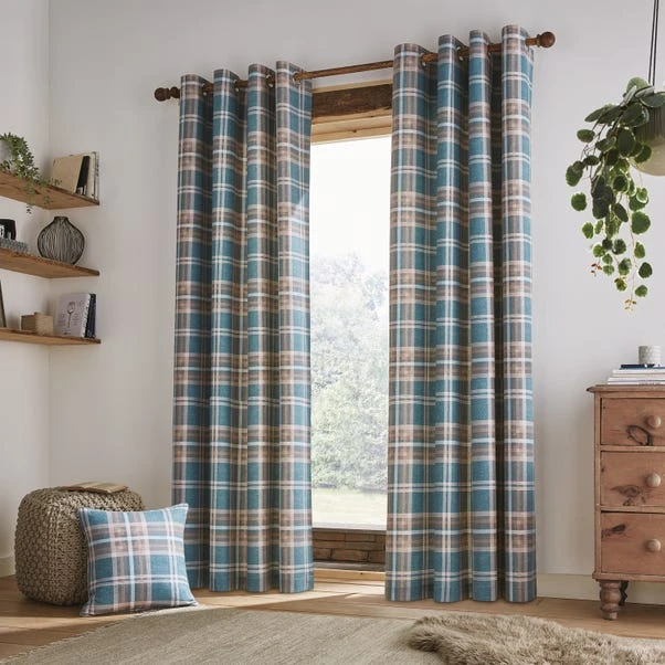 Catherine Lansfield Tweed Woven Check Teal Eyelet Curtains - Image 2