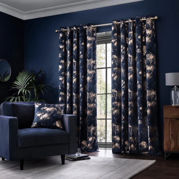 Dunelm Velour Tree Print Navy Eyelet Curtains - Image 2