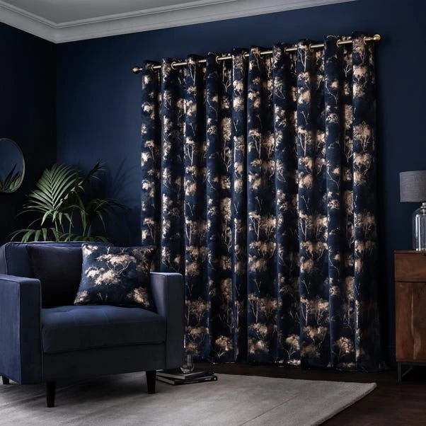 Dunelm Velour Tree Print Navy Eyelet Curtains - Image 4