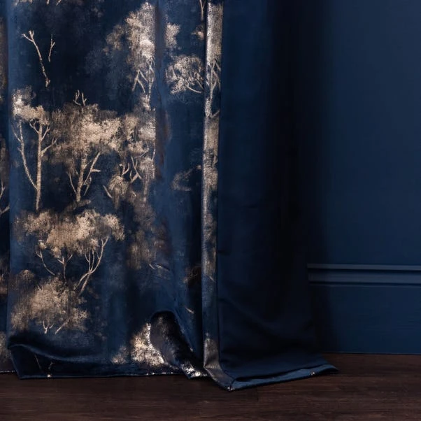 Dunelm Velour Tree Print Navy Eyelet Curtains - Image 6