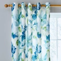 Dunelm Watercolour Floral Blue Eyelet Curtains