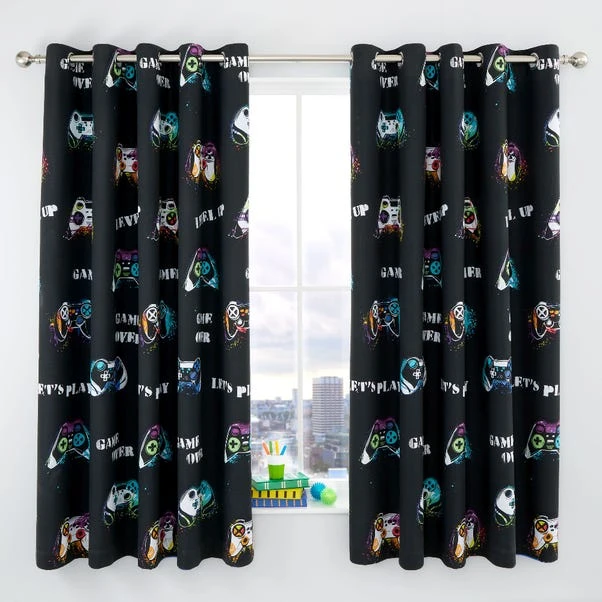 Catherine Lansfield Game Over Black Eyelet Curtains - Image 2